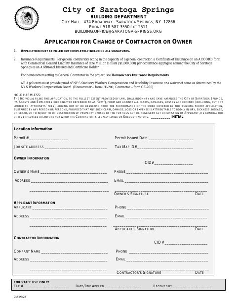 First page of the Application for Change of Contractor or Owner