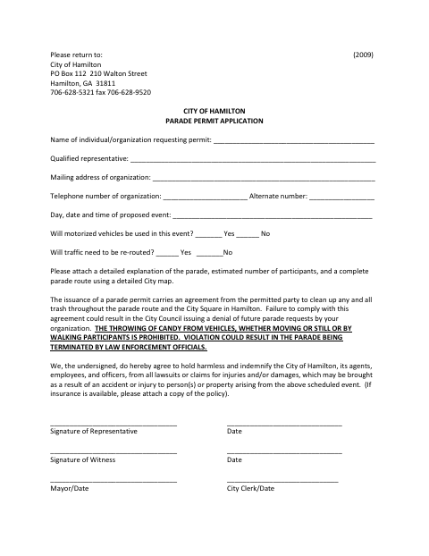 First page of the Parade Permit Application