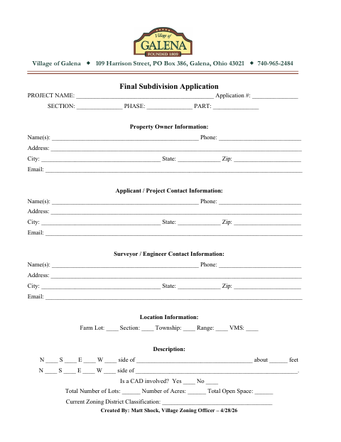 First page of the Final Subdivision Application