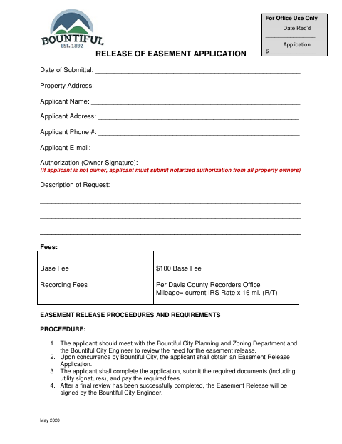 First page of the Easement Release Application
