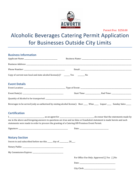 First page of the Catering Out-of-City-Limits Permit Application