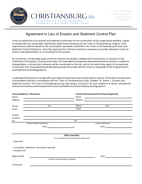 First page of the Agreement in Lieu of Erosion and Sediment Control Plan
