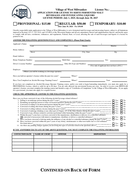 First page of the Application for License to Serve Fermented Malt Beverages and Intoxicating Liquors