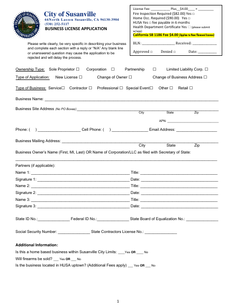 First page of the Business License Application