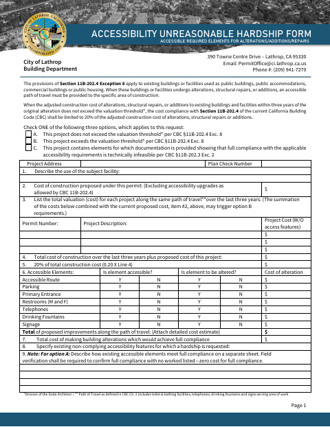 First page of the Accessibility Unreasonable Hardship Form