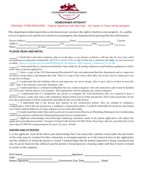 First page of the Homeowner Affidavit