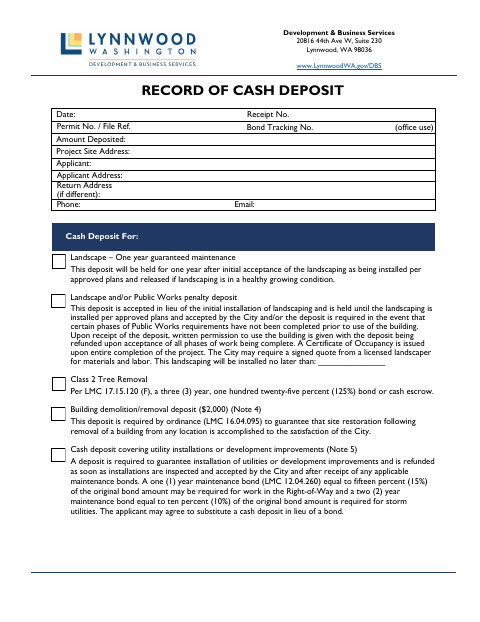 First page of the Record of Cash Deposit