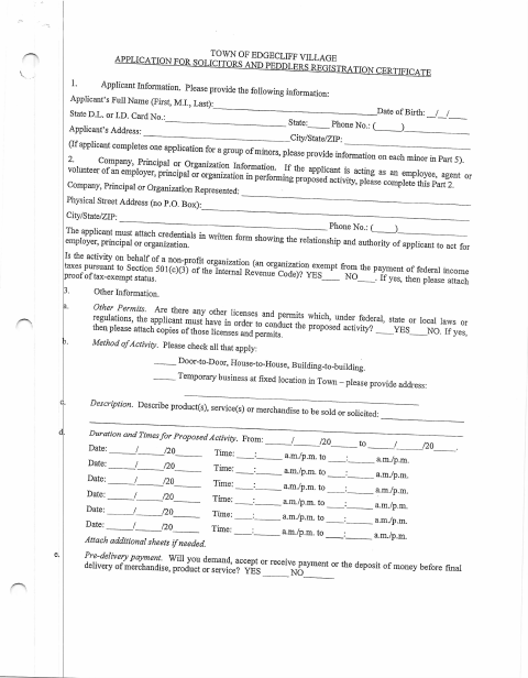 First page of the Solicitors and Peddlers Registration Certificate Application