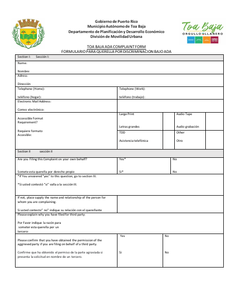 First page of the ADA Discrimination Complaint Form