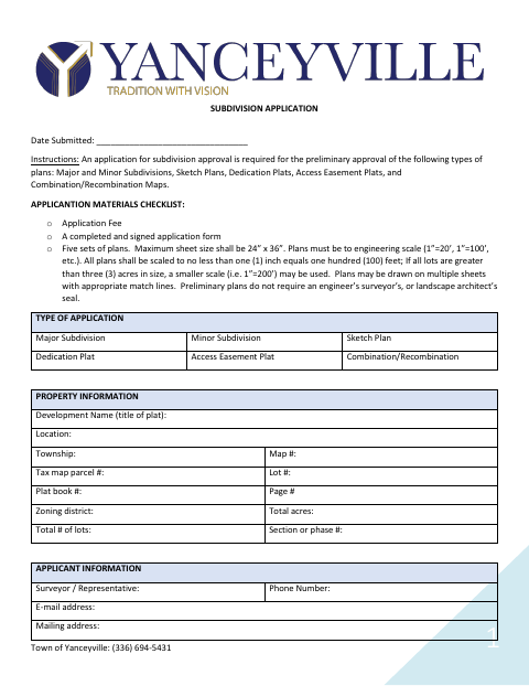 First page of the Subdivision Application