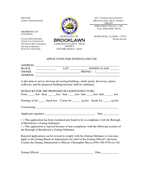 First page of the Application for Zoning and Land Use