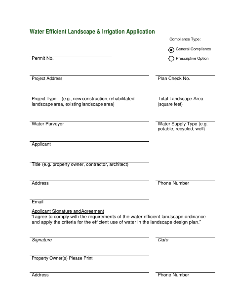 First page of the Water Efficient Landscape & Irrigation Application