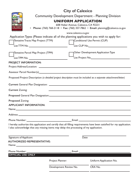 First page of the Uniform Application for Development Agreement