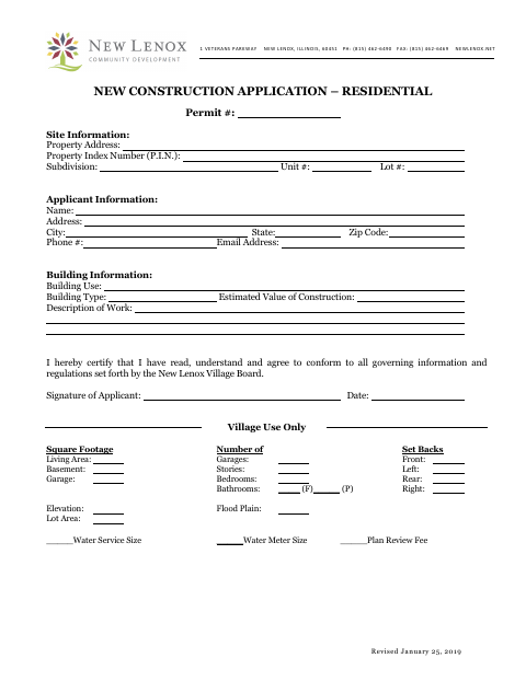 First page of the New Construction Application – Residential