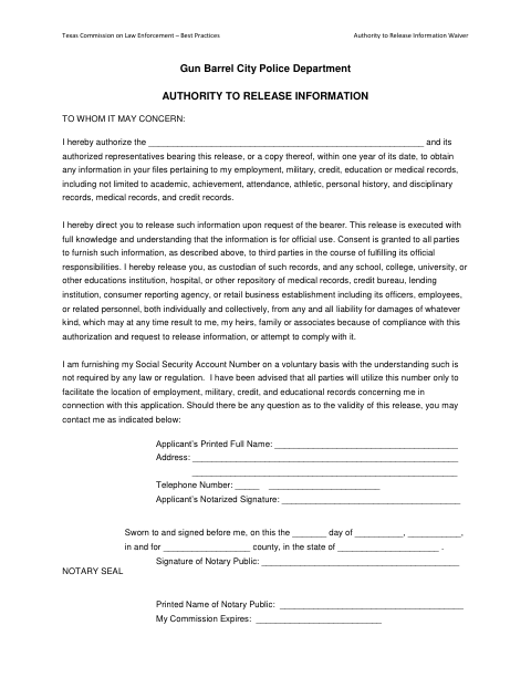First page of the Authority To Release Information Waiver