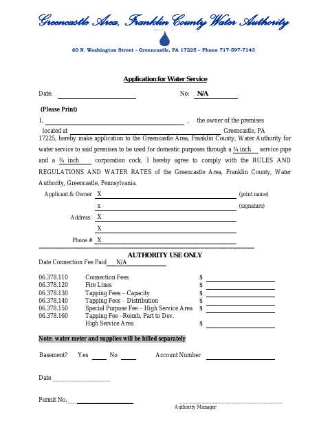 First page of the Application for Water Service
