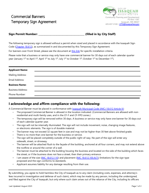 First page of the Commercial Banners Temporary Sign Agreement