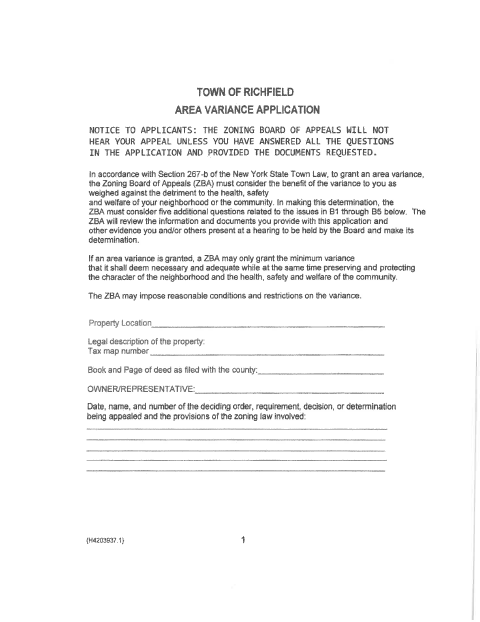 First page of the Area Variance Application
