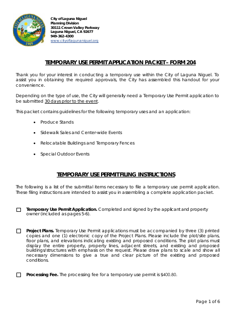 First page of the Temporary Use Permit Application Packet – Form 204
