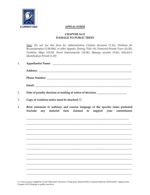 First page of the Appeal Form Chapter 14.12 Damage to Public Trees