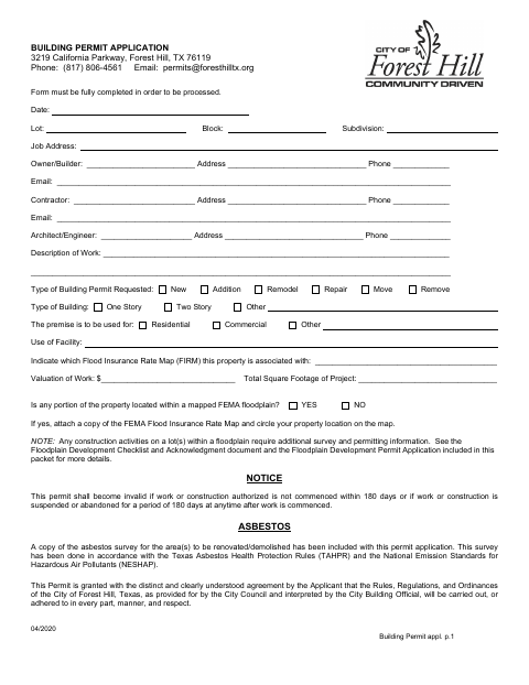 First page of the Building Permit Application