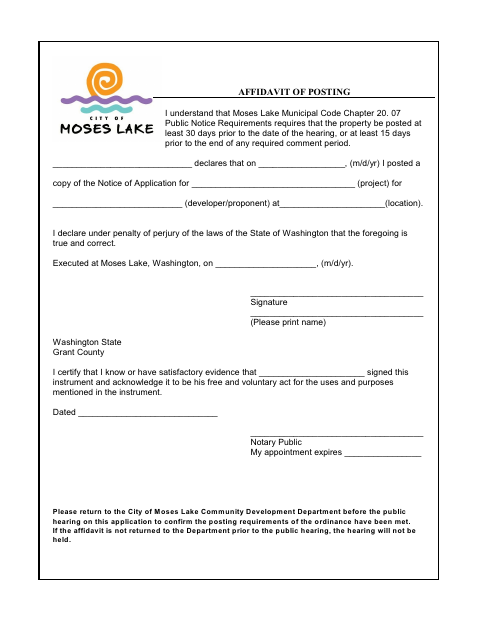 First page of the Affidavit of Posting