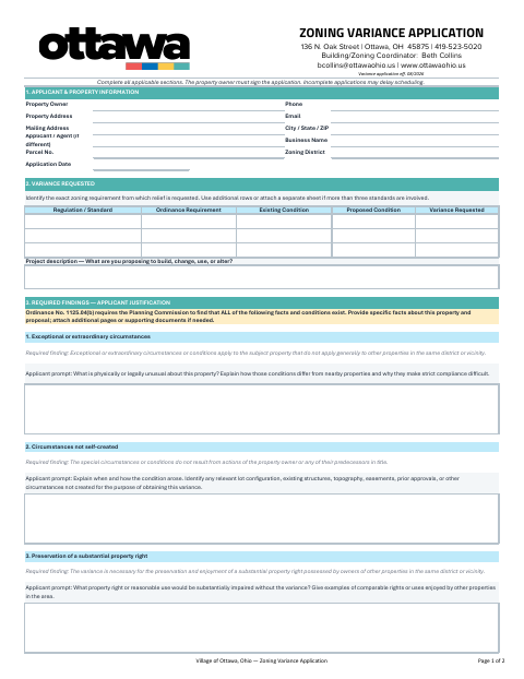 First page of the Zoning Variance Application