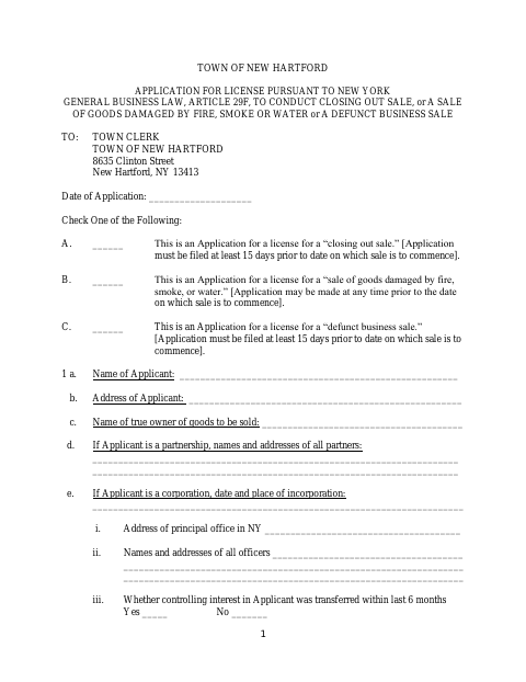 First page of the Going-Out-of-Business Sale License Application