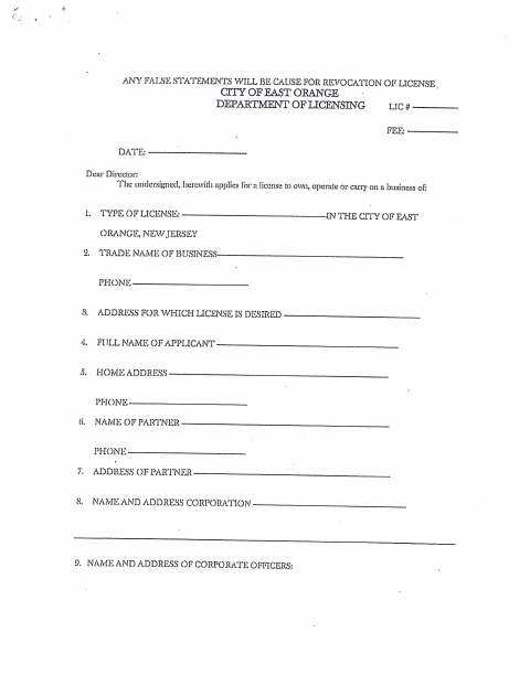 First page of the General Licensing Application