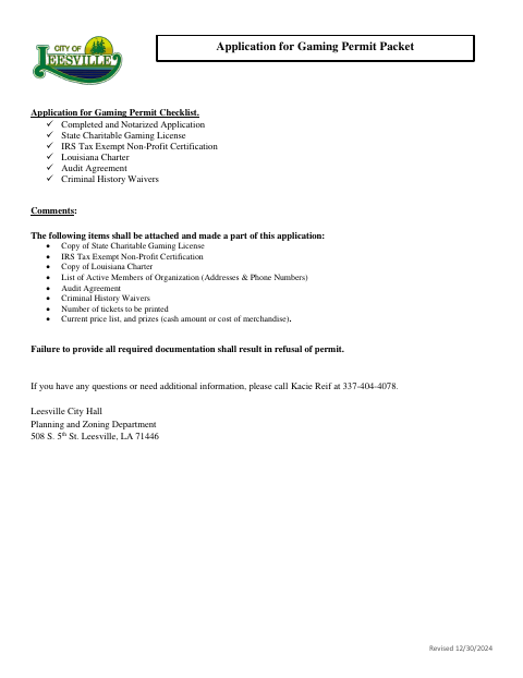 First page of the Gaming Permit Application