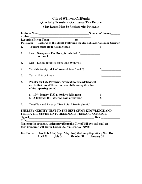 First page of the Quarterly Transient Occupancy Tax Return