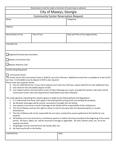 First page of the Community Center Reservation Request