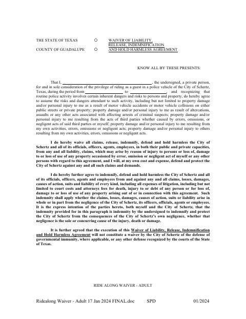 First page of the Waiver of Liability, Release, Indemnification and Hold Harmless Agreement