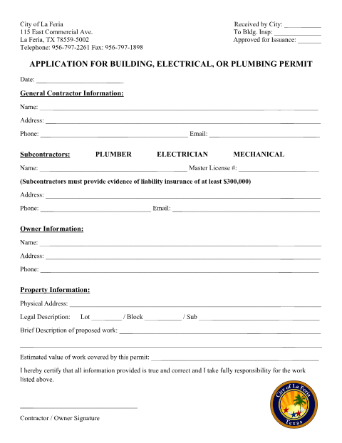 First page of the Application for Building, Electrical, or Plumbing Permit