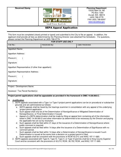 First page of the SEPA Appeal Application