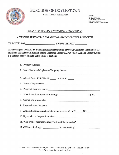 First page of the Commercial Use and Occupancy Permit Application