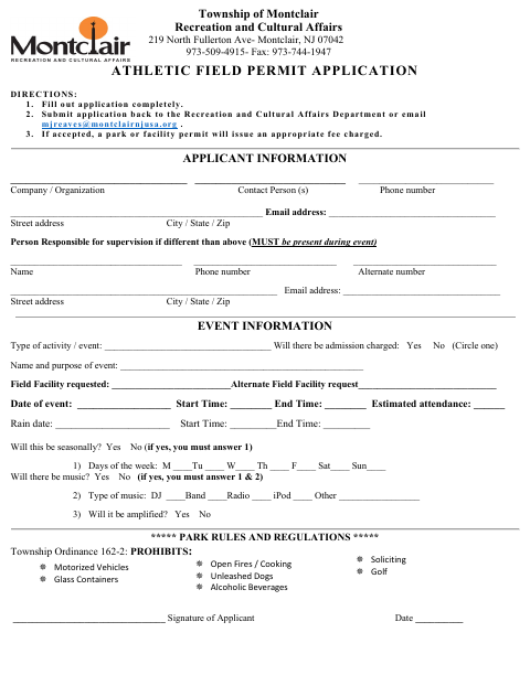 First page of the Athletic Field Permit Application