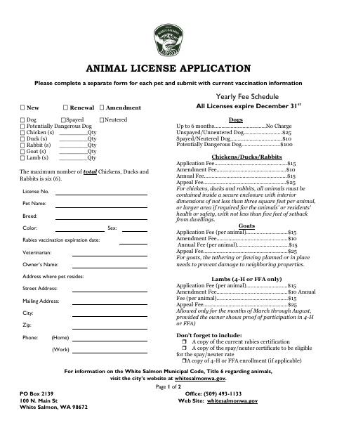 First page of the Animal License Application