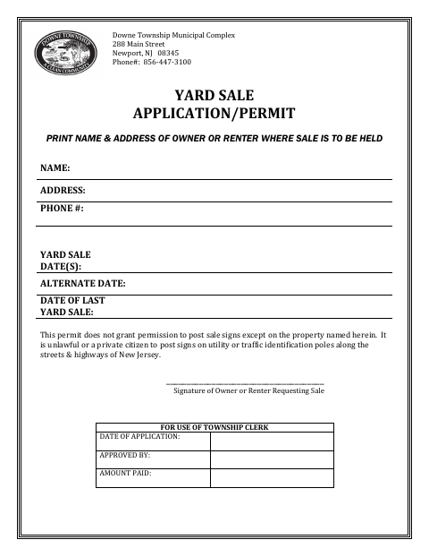 First page of the Yard Sale Application/Permit