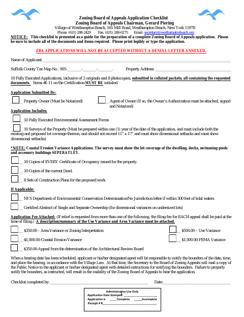 First page of the Zoning Board of Appeals Application