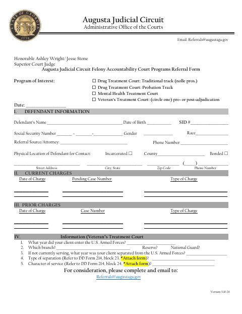 First page of the Felony Accountability Court Programs Referral Form