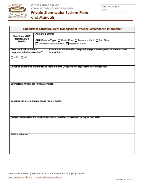 First page of the Subsurface Structural Best Management Practice Maintenance Information