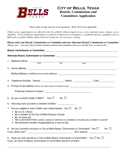 First page of the Boards, Commissions and Committees Application