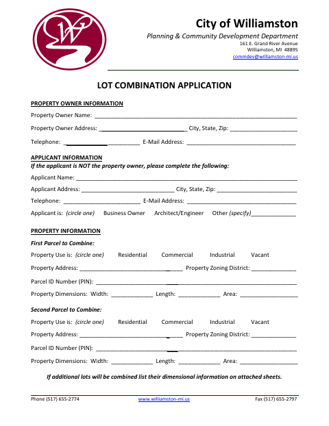 First page of the Lot Combination Application