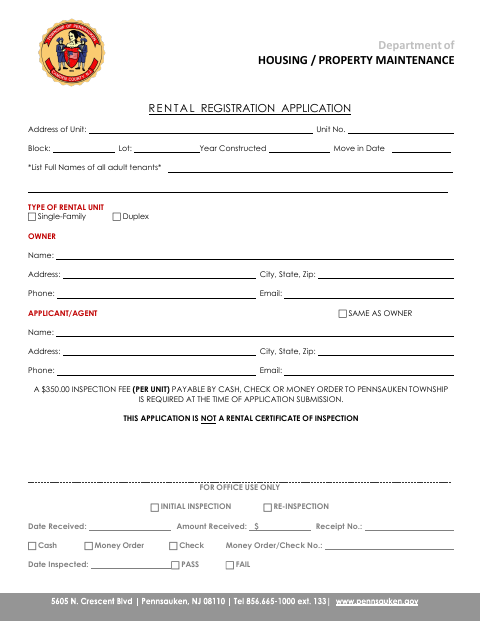First page of the Rental Registration Application