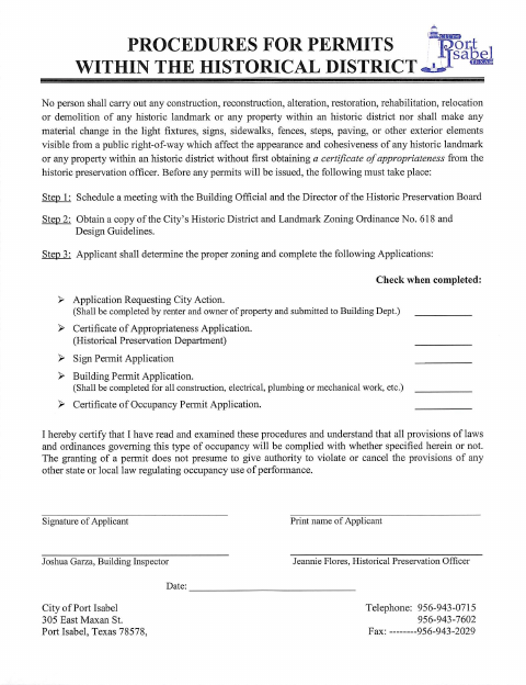 First page of the Historical District Certificate of Appropriateness Application
