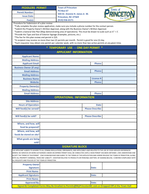 First page of the Peddlers Permit Application