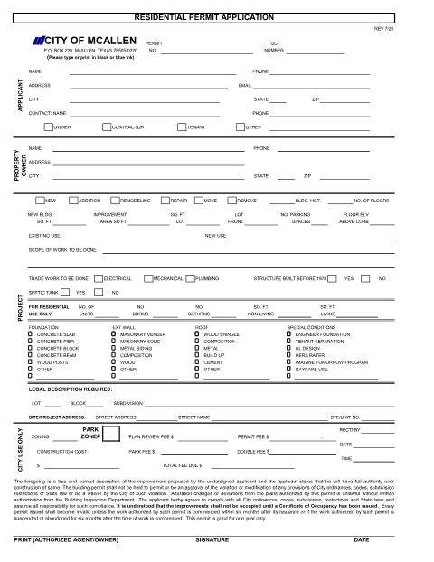First page of the Residential Permit Application