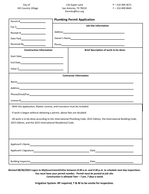 First page of the Plumbing Permit Application