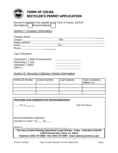 First page of the Recycler’s Permit Application